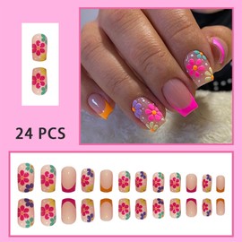 24PCS Flower Press on Nails Short Square Pink Fake Nails Spring Summer Colorful Daisy Designs Full Cover Rose Red French Tip False Nail Acrylic Glue on Nails for Women Girls Nail Decorations