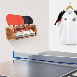 Ping Pong Storage Rack, Wall-Mount Table Tennis Paddle Display Holder with Ball Storage Shelf, Pine-Wood Ping Pong Racket Organizer Accessories Set for Game Room, Bar, Garage, Office, Home