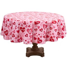 Valentine Vinyl Flannel Backed Tablecloth for Dining Room Kitchen Table Decor: Valentine's Day Pink Red Love Hearts Themed Designs (Harper, 70" R)