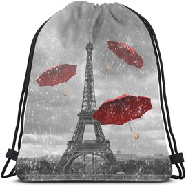 Beabes Eiffel Tower Drawstring Bags Backpack Bag Black Eiffel Tower Flying Red Umbrellas Love Paris French City Sport Gym Sack Drawstring Bag String Bag Yoga Bag for Men Women