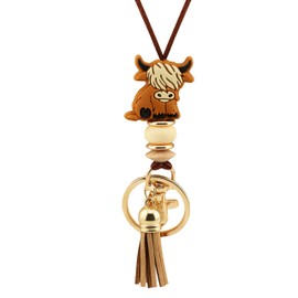 MyfavoriteK Cute Teacher Lanyard for ID Badges Stylish Cartoon Animal Beads and Adjustable Cord Lanyard for Teacher Nurse, Highland Cow, 18 in