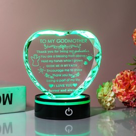 YWHL Godmother Gifts from Godchild with Colorful LED Base Best Heart Crystal Keepsakes Godmother Gift Idea from Goddaughter Godson for Mothers Day, Christmas, Birthday, Thanksgiving