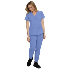 STAT MEDICAL WEAR Scrub Set for Women with 2 Pocket Crossover Scrub Top with 5 Pocket Jogger Pant Scrub - 110210, XS, Ceil