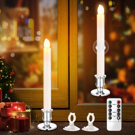 YAUNGEL Window Candles, 2 Pack LED Battery Operated Christmas Candles for Windows with Remote Timer Electric Candle Lights with Removable Candle Holders Suction Cups for Christmas Decorations, Silver