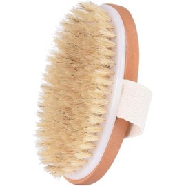Natural Bristle Body Brush for Dry Brushing, Wooden Handle, Exfoliating Skin Brush with Strap, 12.5x6.8cm