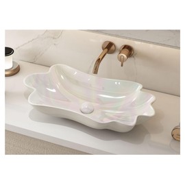 MEJE 24-Inch Unique Lotus Leaf Flower Shape Bathroom Vessel Sink, Above Counter Porcelain Ceramic Vessel Vanity Sink, Art Basin, Pearl Glaze Color (Include Pop Up Drain)