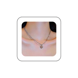 Vacaonio Boho Layered Cz Heart Pendent Necklace Pink Crystal Heart Necklace Chain Silver Tennis Chain Necklace Rhinestone Star Choker Necklace Jewelry for Women