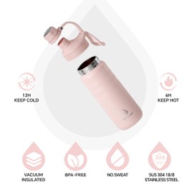 IDEUS Insulated Stainless Steel Water Bottle with 2 Leak-Proof Lids, Thermal Water Flask for Hiking Biking, 18oz, Light Pink
