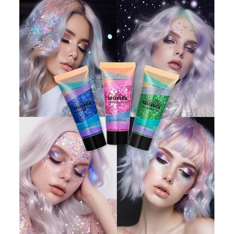 Glitter Face Gel, Glitter Sequins Chunky Glitter Liquid Gel for