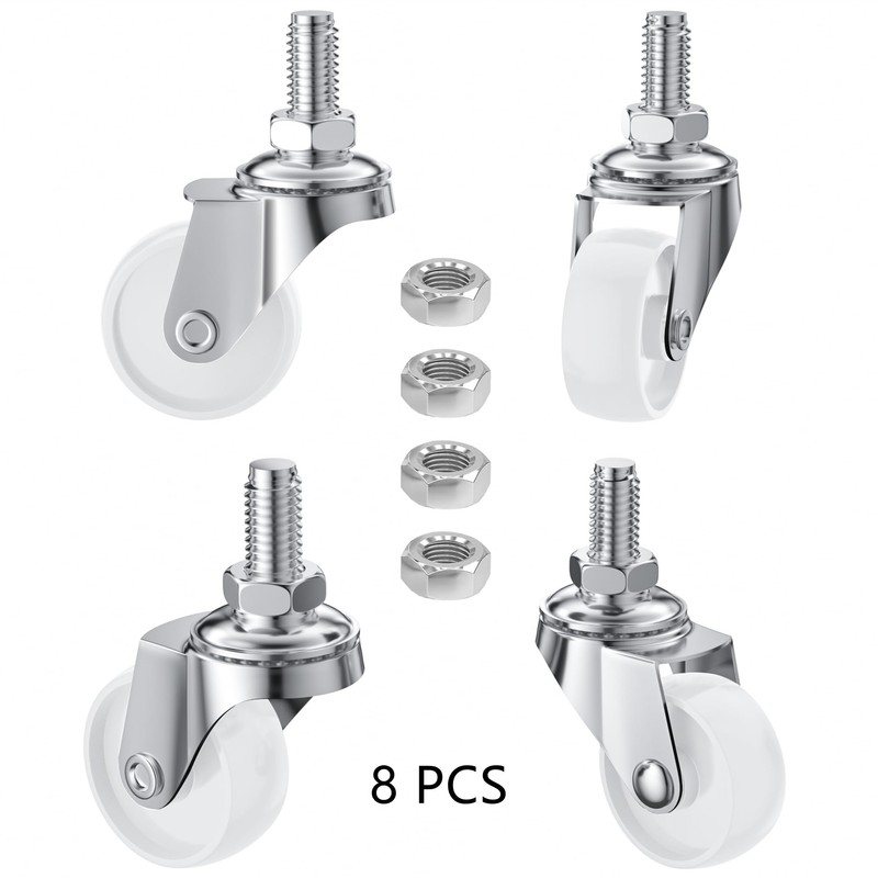 8 PCS Swivel Stem Casters,M8 White 30mm(1.25 inch) Castor Wheels