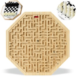 Giongma Professional Wooden Octagonal 2-in-1 Maze Board Game, Puzzle Marble Maze Exercises Brain Thinking, Back Kids Chess Game, Suitable for Kids & Teens Over 6 Years Old