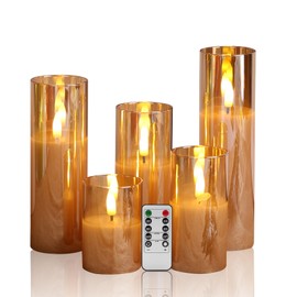 Eywamage 5 Pack Gold Glass Flameless Candles with Remote, Flickering Slim Tall LED Pillar Votive Candles Battery Included