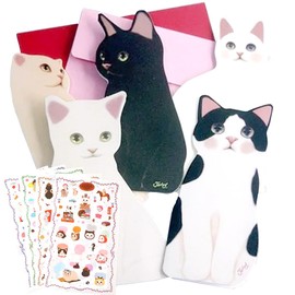 jetoy 2504me398 Greeting Cute Cat Message Card Set of 5 Types + Envelopes + Stickers 4 Pieces