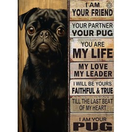 5D Diamond Art Painting by Number Kits for Adults Black Pug Dog and Text Friend Round Diamond Art Full Drill Beads Embroidery DIY Cross Stitch for Wall Decoration(30x40cm)
