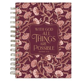 Christian Art Gifts Inspirational Journal, With God All Things Are Possible Wide Ruled Notebook, Matt. 19:26 Bible Verse, Pink Florals, 192 Lined Pages w/scripture, (8.4” x 6.4” x 1”)