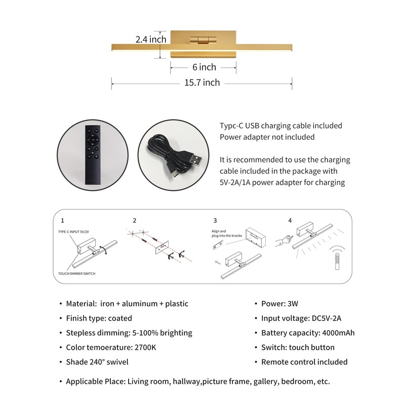 PUSU Picture Lights Set of 2, Gold Cordless 15.7 inch