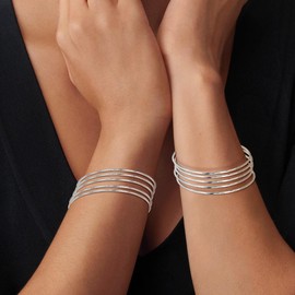 Linkidea Silver Bangle Bracelets for Women, Set of 10 Extra Large Round Bangles, Multi Layer Stackable Textured Jewelry Accessories