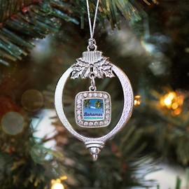 Inspired Silver - Bahamas - Silver Christmas Ornament - Square Charm Christmas Tree Ornament with Cubic Zirconia - Holiday Hanging Decoration