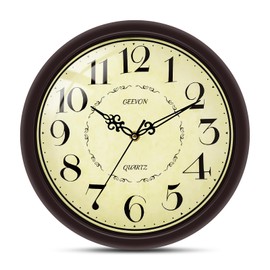Vintage 12" Silent Wall Clock, Retro Round Battery Operated Decorative Clock with Large Numbers, Unique Hands for Bedroom Kitchen Office Living Room Café Decor (Red-Brown)