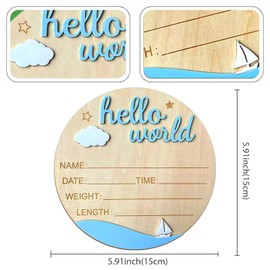 Baby Announcement Sign, 5.9 Inch Wooden Hello World Newborn Signs, Birth Announcement Sign and Pen, Clouds and Sailboats Decoration, Welcome Newborn Arrival to World, Hospital Nursery for Baby (Blue)