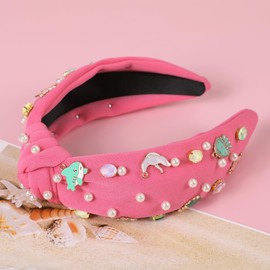Gmmidea Ocean Knotted headband for Women Girls Starfish Seashell Jellyfish Fish Dolphin Decor Headband Pearl Rhinestone Jeweled Hairband Summer Beach Hair Accessories Holiday Gifts