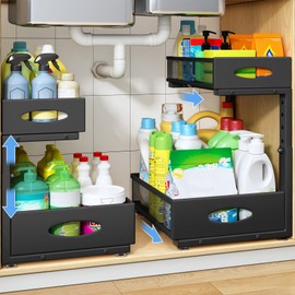 2 Pack Under Sink Organizer, 2 Tier Large Pull Out Cabinet Organizer, Metal Slide Out Storage Shelves with Mesh Sliding Drawers, Adjustable Height for Kitchen Bathroom Laundry Pantry Office,Black