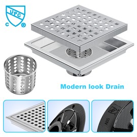 NIREU 6 Inch Square Shower Floor Drain,304 Stainless Steel Square Shower Drain, High Flow Design CUPC & Watermark Certified