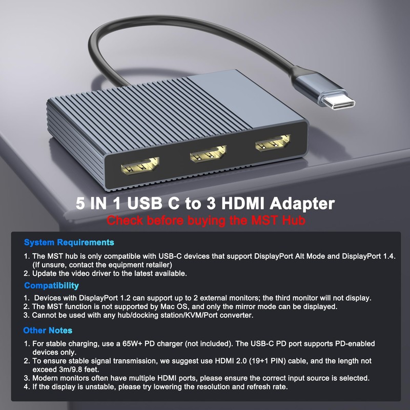 USB C to 3 HDMI Adapter with PD 100W/USB3.0, 4K@60Hz