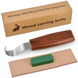 Olerqzer Wood Carving Knife With Leather Strop and Polishing Compound, Wood Whittling Tools for Beginners, Adults and Kids (Hook Carving Knife)