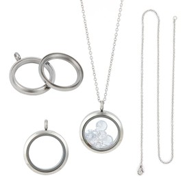 DELORIGIN 4pcs Photo Locket Charms Necklace Pendant Round Stainless Steel Locket Pendant Frame Memory Locket Charm with 45 cm Chain for Wedding Jewellery Making Photo, Stainless Steel