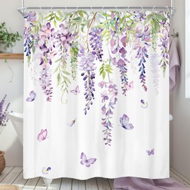 Riyidecor Purple Lilac Shower Curtain 60Wx72H Inch Spring Floral Botanical Wisteria Lavender Flower Rustic Green Leaves Watercolor Butterfly Women Girls Bathroom Decor Fabric Waterproof 12 Pack Hooks