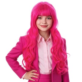 Kids Hot Pink Wig Girls Long Pink Curly Wigs with Bangs