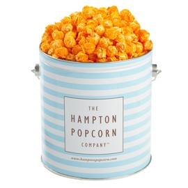 Orange Cheddar Cheese Popcorn Tin, 1 Gallon Reusable Tin, Gourmet Popcorn Gift, Birthday Gifts, The Hampton Popcorn & Candy Company (1 Gallon, Hampton Blue Stripes)