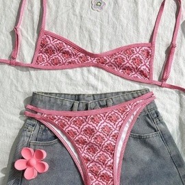 Feminine Summer Beach Two-Piece Bikini Set with Shoulder Straps and Bikini Print Ss25163 M/Pink Flower 2ea