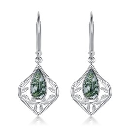 IMZM Teardrop Moss Agate Earrings for Women 925 Sterling Silver Dangle Drop Earring Moss Agate Jewelry Gifts for Her Wife Lover