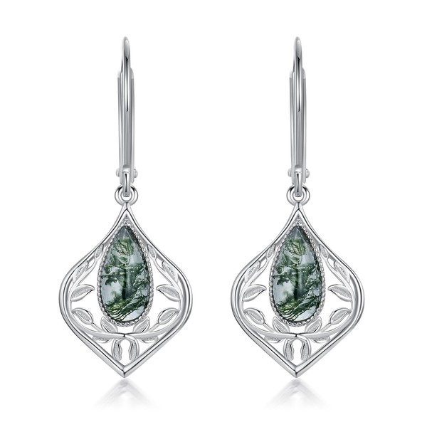 IMZM Teardrop Moss Agate Earrings for Women 925 Sterling Silver