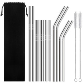 12-Pack Metal Straws Reusable with Case - Stainless Steel Drinking Straws for 30oz and 20oz Tumblers Yeti Dishwasher Safe, 2 Brushes Included