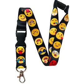 Childrens Sized Fun Neck Lanyards with Safety Breakaway - Made Exclusively for Children (Black Emoji with Buckle Clip)
