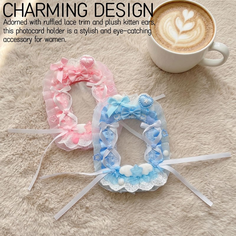 Ruffled Lace Trim Photocard Holder with Kitten Ear Design -