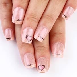 24 Pcs Valentines Press on Nails Short Square Heart Fake Nails with Glitter Designs Valentine's Day False Nails Full Cover Glossy Stick on Nails Holiday Acrylic Nails for Women Girl