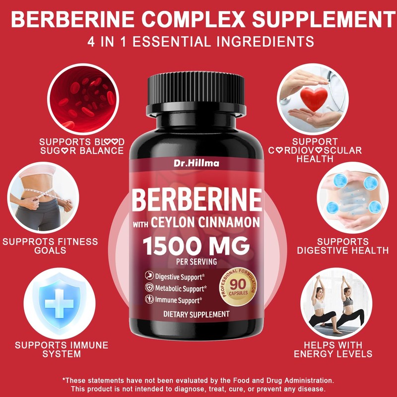 Dr.hillma Berberine Supplement 1500mg, High Bioavailability Berberine HCL with Ceylon