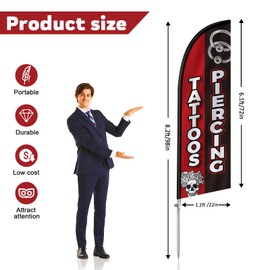 QSUM Tattoos Piercing Flag for Business, Tattoos Piercing Signs, 8FT Polyester Advertising Swooper Flag with Aluminium Alloy Flag Pole Kit, Stainless Steel, Ground Spike, Portable Bag