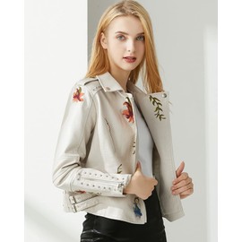 YILANUOYI Women's Embroidered Studded Faux Leather Jacket Moto Punk Jacket Floral Coat (XL, XHPY Beige)