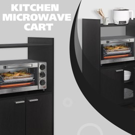 Kings Brand Furniture Ayla Microwave Cabinet with Storage and Upper Shelf for Kitchen Appliances - 2 Door Cabinet Kitchen Storage Cart - Wood Kitchen Cart with Lockable Castors Wheels – Black