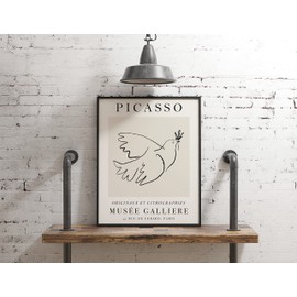Picasso Inspired Dove of Peace Drawing Exhibition Poster Print | 11x14 UNFRAMED | Beige, Tan, Black Neutral Abstract, Minimalist Modern Wall Decor