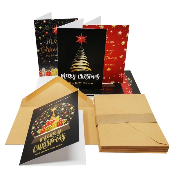 Lot de 24 cartes de Noël dorées – Carte épaisse avec finition dorée spéciale avec enveloppes kraft recyclées