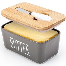 Butter Dish with Lid, Home Decor, Large Butter Dish for Countertop Ceramic Butter Keeper Container with Knife and High Quality Silicone Sealing Butter Box Good Kitchen Gift Grey