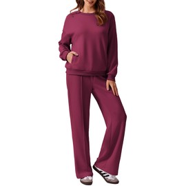 PINSPARK Sweat Suit For Women 2 Piece Set Fall Crewneck Pullover Tops Athletic Straight Leg Loungewear Set Airport Outfits For Women Hot Pink XL