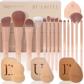 DUcare Make Up Brush 14 Pieces from the Coffee Series with 3 Pieces Make Up Sponges and Holder Premium Synthetic Brush Set Makeup Foundation Brush Eye Shadow Brush Valentine's Day Gift