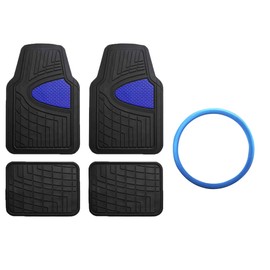 FH GROUP Car Seat Covers Premium Tall Channel Rubber Trimmable Floor Mats w. FH3001 Snake Pattern Silicone Steering Wheel Cover- Universal Fit for Trucks, SUVs, and Vans (Blue/Black) F11311